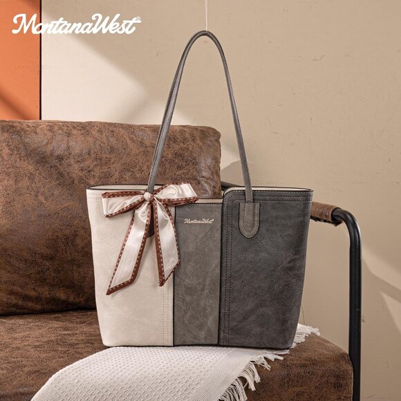 Women Beige With Grey Imported Vegan Leather Medium Top Handle Satchel Tote Bags - Picture 2 of 6